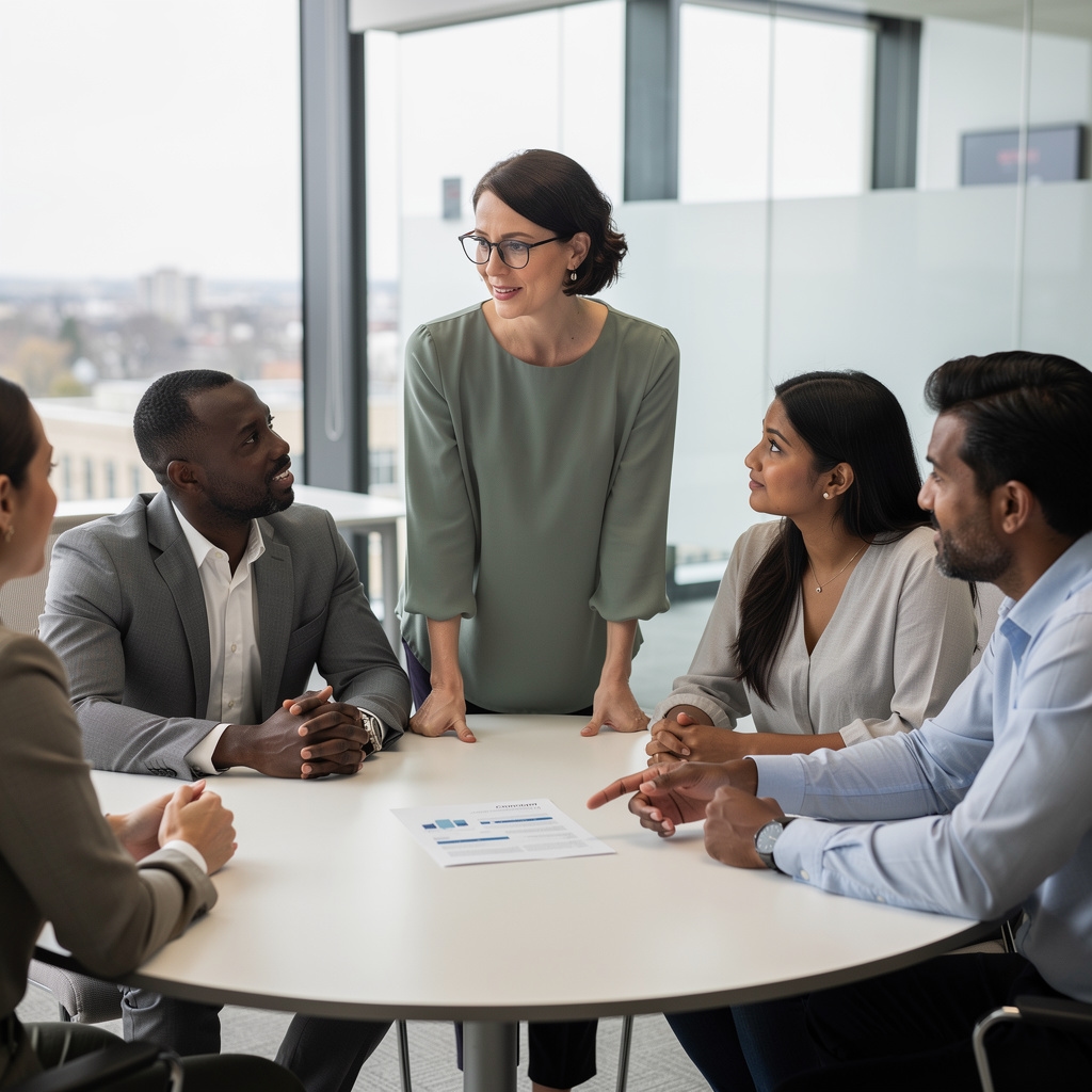 Facilitator leading a concept testing discussion with a small group around a conference table