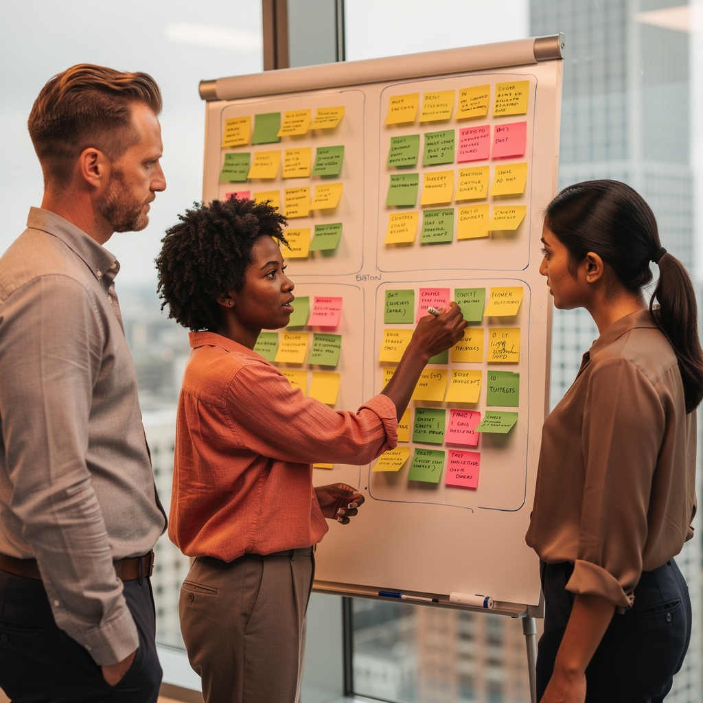 Team working on prioritisation exercises with sticky notes on a whiteboard