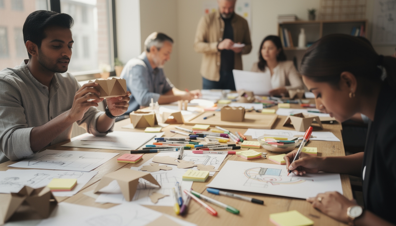 Participants sketching and building paper prototypes during a rapid prototyping session